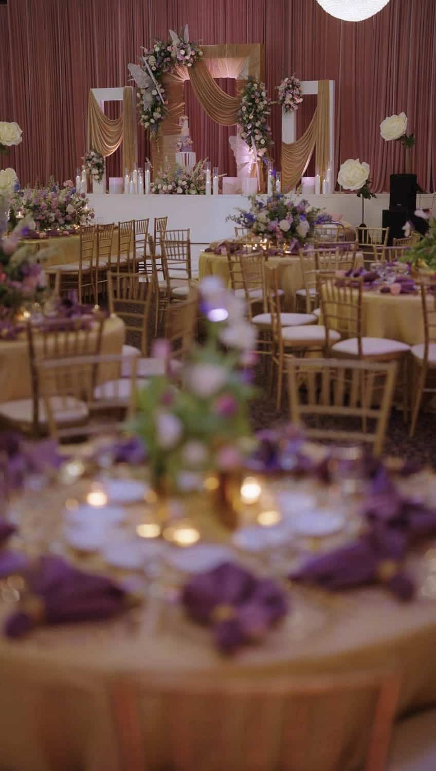 Elegant wedding reception with floral centerpieces and luxurious decor at Paradise Ballrooms.