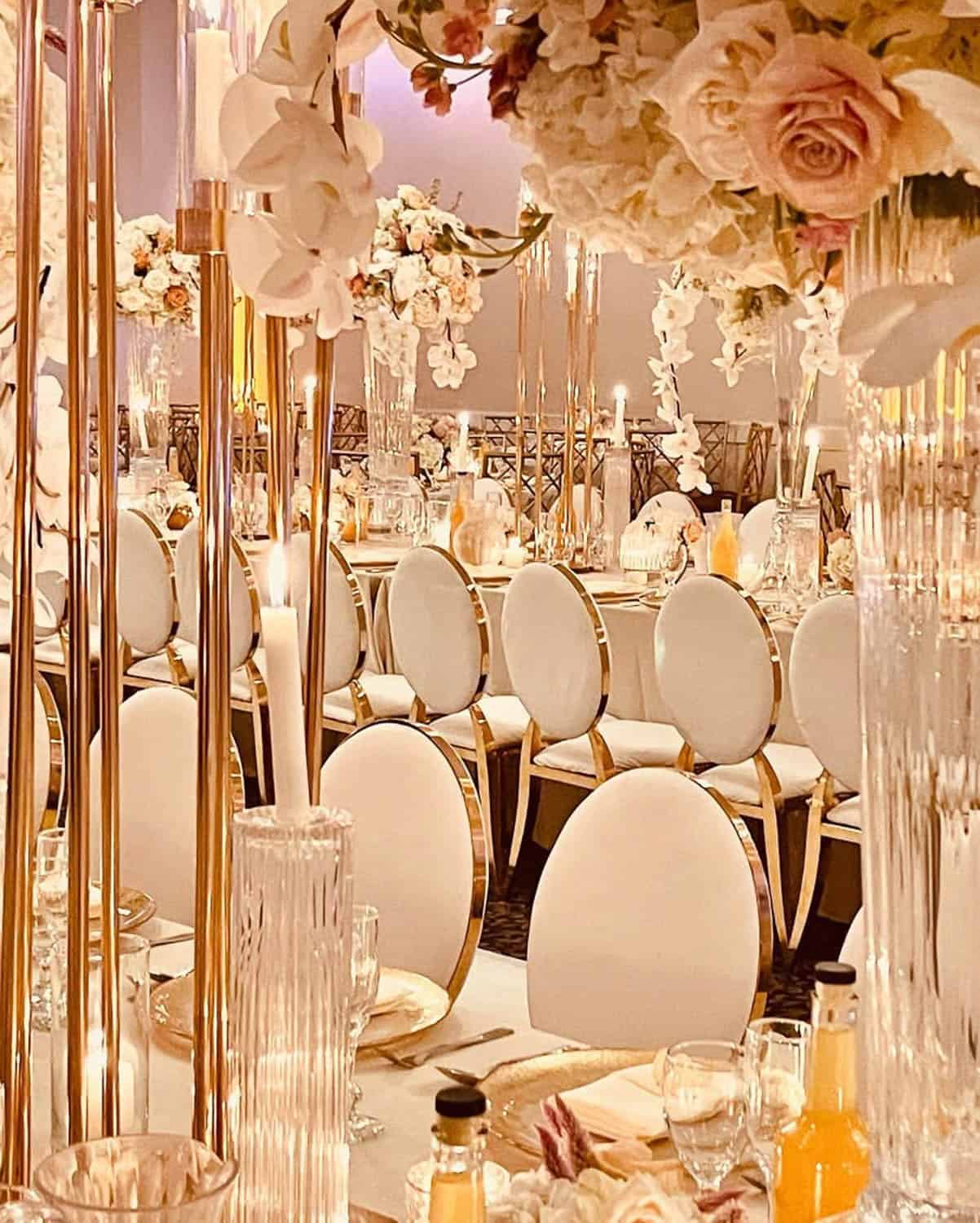 Elegant wedding reception with floral centerpieces and luxurious decor at Paradise Ballrooms.